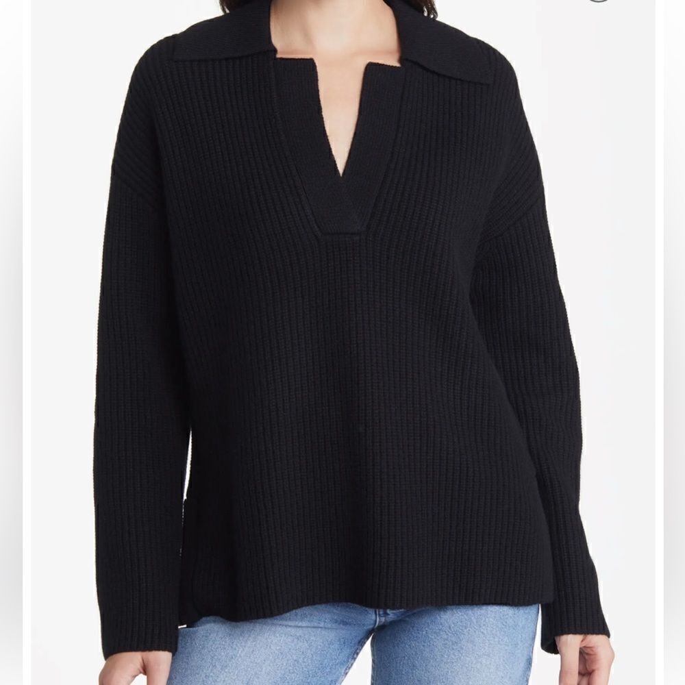 Rails Merino Wool/Cashmere Ribbed V-Neck Collared Long Sleeve Sweater $238